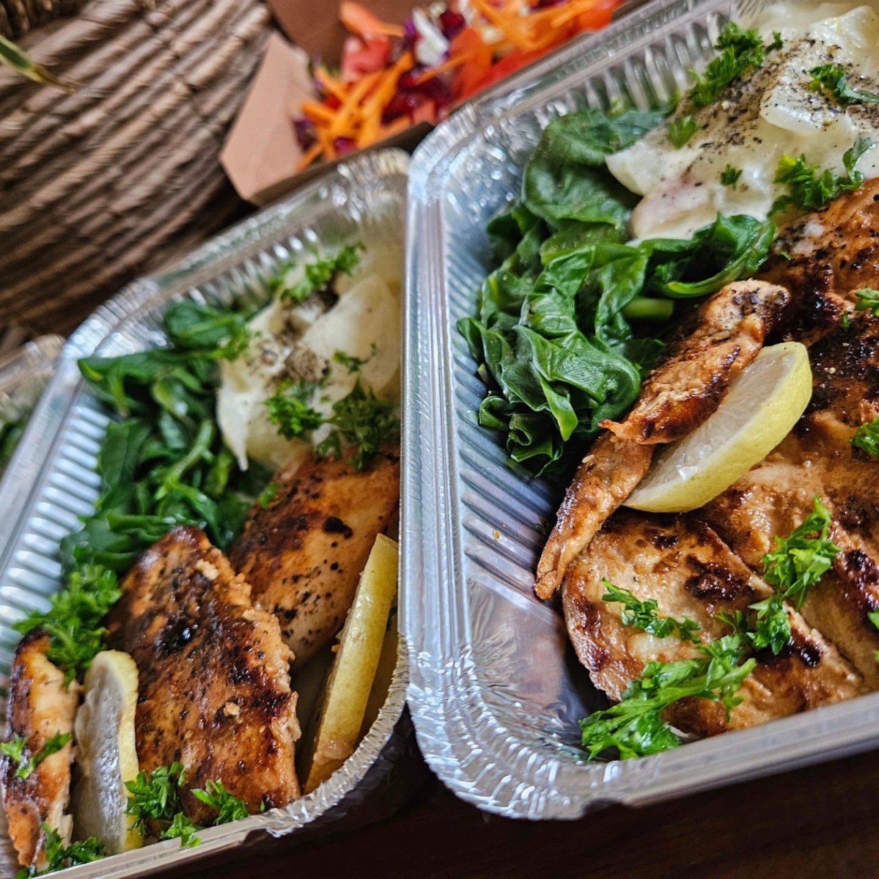 Lemon chicken with greens and a creamy vegetable side